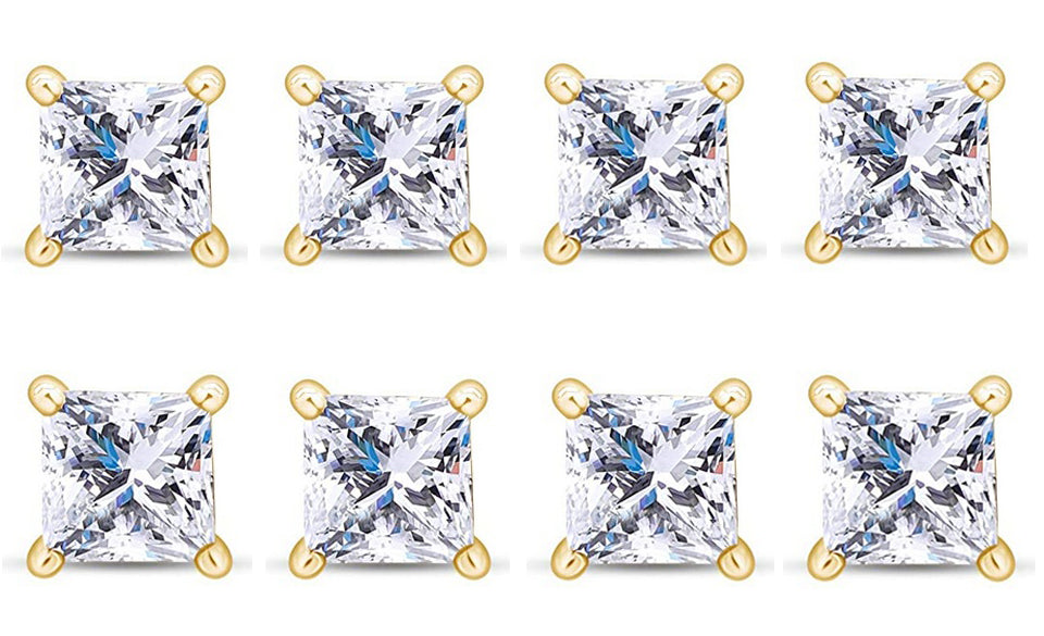 18k Yellow Gold Plated 3Ct Princess Cut White Sapphire Set Of Four Stud Earrings