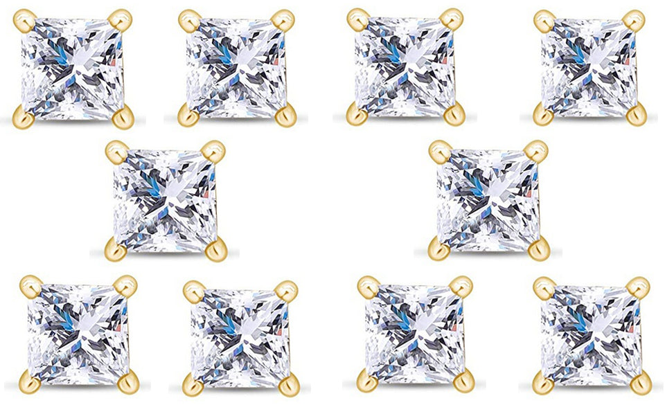 18k Yellow Gold Plated 2Ct Princess Cut White Sapphire Set Of Five Stud Earrings