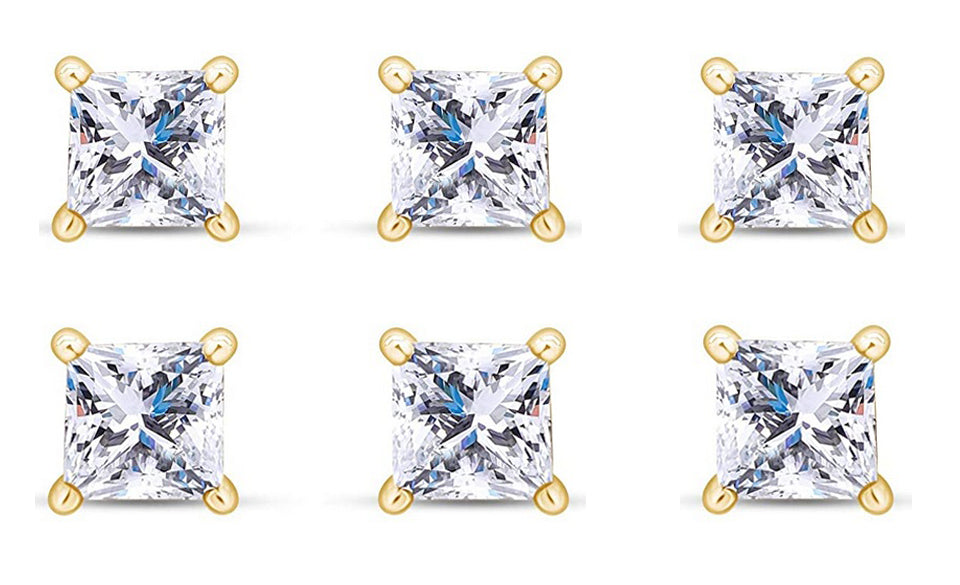 14k Yellow Gold Plated 2Ct Princess Cut White Sapphire Set Of Three Stud Earrings