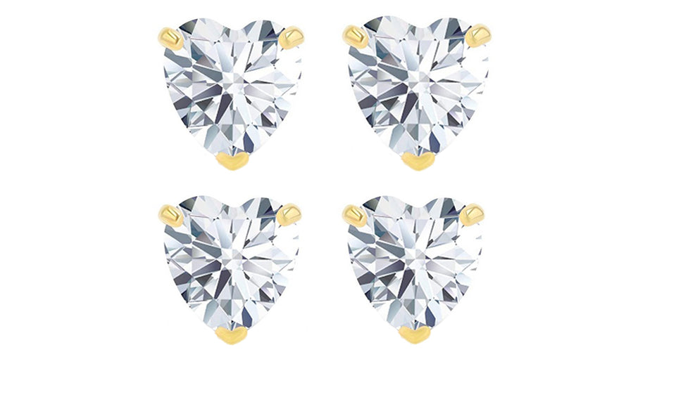 18k Yellow Gold Plated 6mm 1Ct Heart White Sapphire Set Of Two Stud Earrings