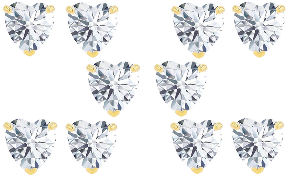 18k Yellow Gold Plated 4mm 1/2Ct Heart White Sapphire Set Of Five Stud Earrings