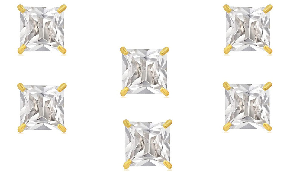 14k Yellow Gold Plated 3Ct Square Cut White Sapphire Set Of Three Stud Earrings