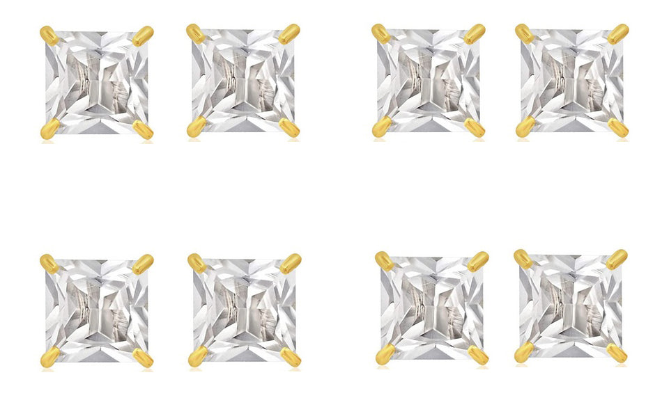 14k Yellow Gold Plated 6mm 1/2Ct Square Cut White Sapphire Set Of Four Stud Earrings