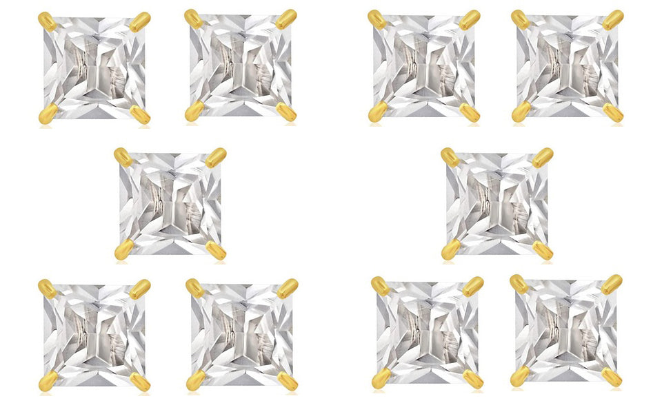 18k Yellow Gold Plated 3Ct Square Cut White Sapphire Set Of Five Stud Earrings