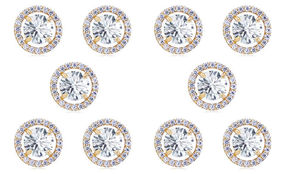14k Yellow Gold Plated 6mm 2Ct Round White Sapphire Set Of Five Halo Stud Earrings