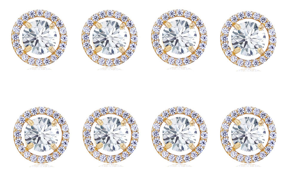 18k Yellow Gold Plated 2Ct Round White Sapphire Set Of Four Halo Stud Earrings