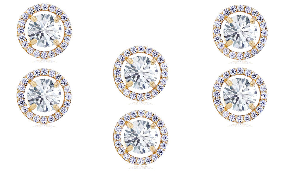 18k Yellow Gold Plated 4mm 1/2Ct Round White Sapphire Set of Three Halo Stud Earrings