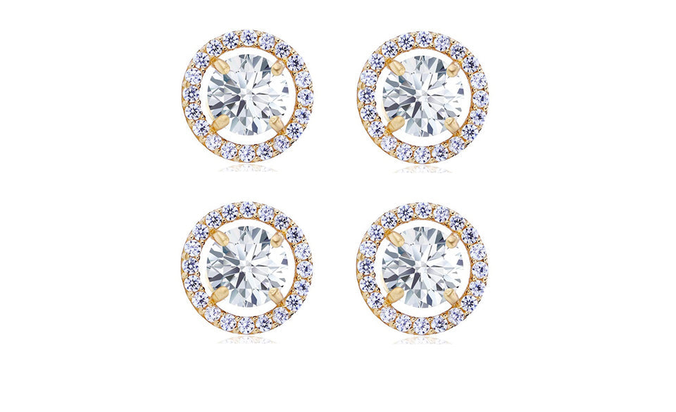 18k Yellow Gold Plated 6mm 2Ct Round White Sapphire Set of Two Halo Stud Earrings