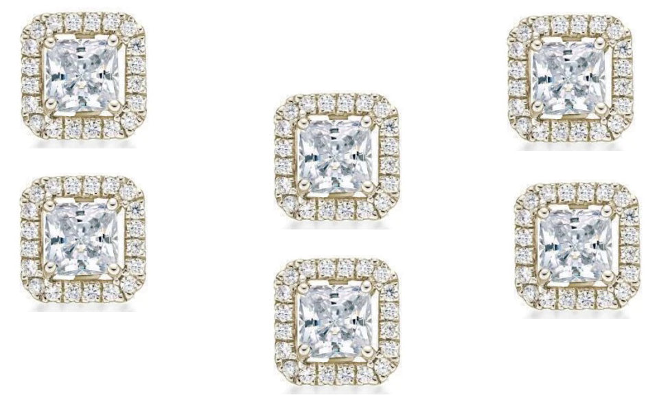 18k Yellow Gold Plated 6mm 3Ct Princess Cut White Sapphire Set of Three Halo Stud Earrings