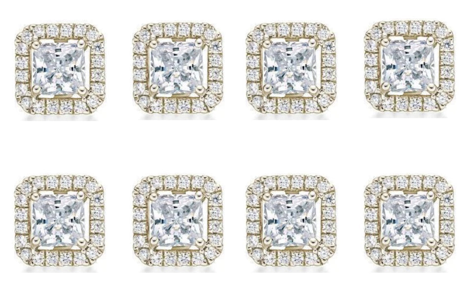 18k Yellow Gold Plated 6mm 1Ct Princess Cut White Sapphire Set of Four Halo Stud Earrings