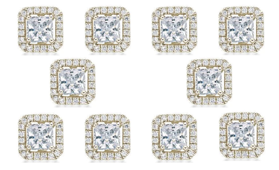 18k Yellow Gold Plated 6mm 3Ct Princess Cut White Sapphire Set of Five Halo Stud Earrings