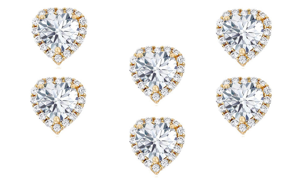 18k Yellow Gold Plated 4mm 1Ct Heart White Sapphire Set of Three Halo Stud Earrings