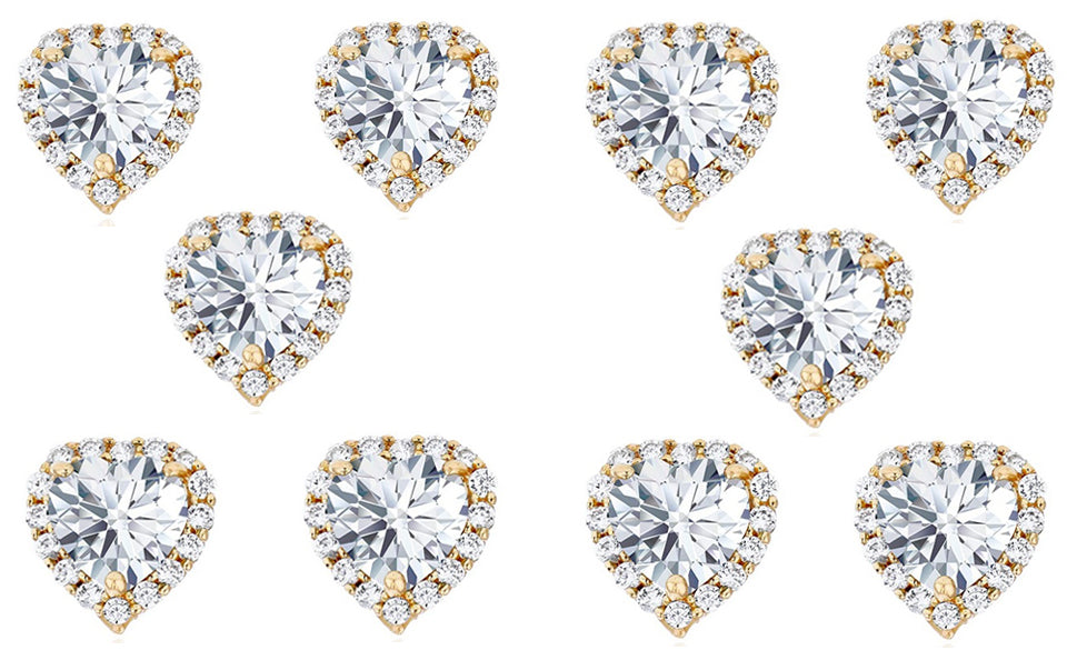 18k Yellow Gold Plated 1/2Ct Heart White Sapphire Set of Five Halo Stud Earrings