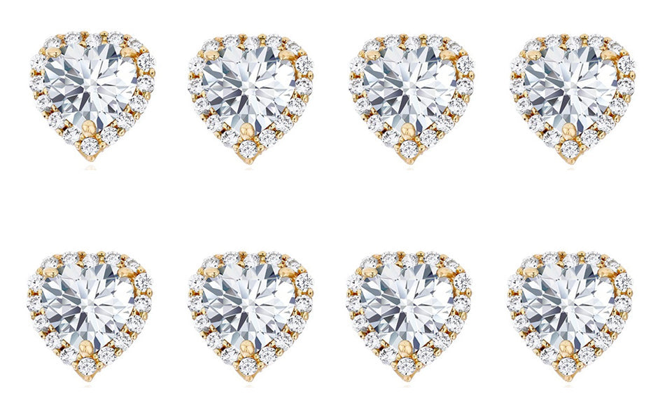 14k Yellow Gold Plated 4mm 2Ct Heart White Sapphire Set of Four Halo Stud Earrings