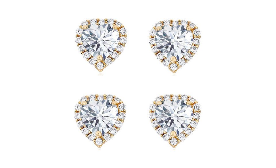 14k Yellow Gold Plated 3Ct Heart White Sapphire Set of Two Halo Stud Earrings