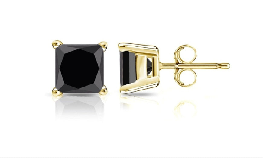 18k Yellow Gold Plated Created Black Sapphire 2 Carat Princess Cut Stud Earrings