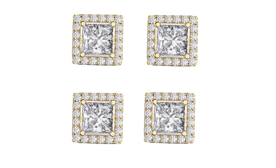 14k Yellow Gold Plated 3Ct Square Cut White Sapphire Set of Two Halo Stud Earrings