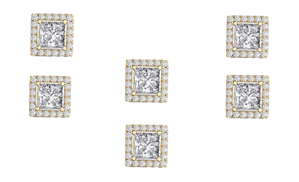 14k Yellow Gold Plated 4mm 3Ct Square Cut White Sapphire Set of Three Halo Stud Earrings