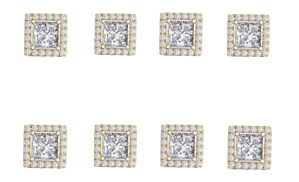 14k Yellow Gold Plated 4mm 4Ct Square Cut White Sapphire Set of Four Halo Stud Earrings