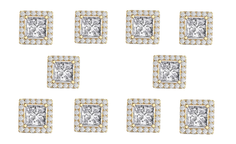 18k Yellow Gold Plated 2Ct Square Cut White Sapphire Set of Five Halo Stud Earrings