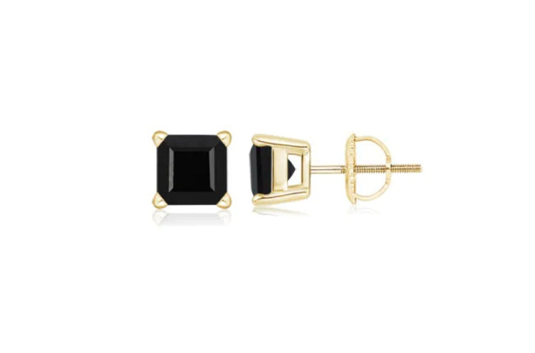 18k Yellow Gold Plated Created Black Sapphire 1 Carat Square Cut Stud Earrings