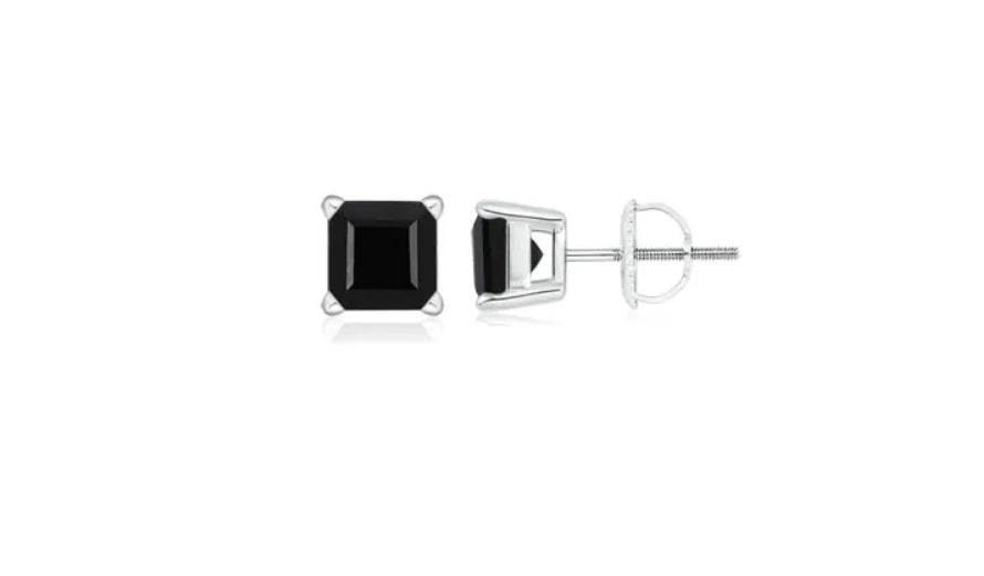 18k White Gold Plated Created Black Sapphire 4Ct Square Cut Stud Earrings