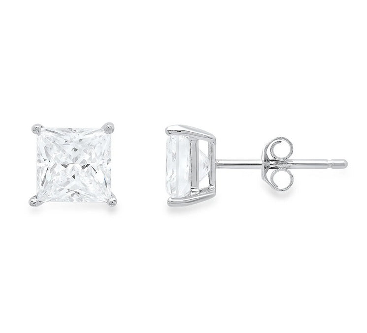 10k White Gold Plated Created White Sapphire 3Ct Princess Cut Stud Earrings