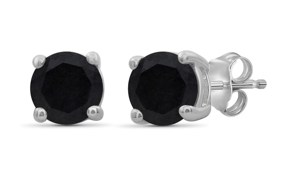 10k White Gold Plated Created Black Sapphire 4Ct Round Stud Earrings