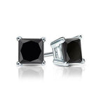 10k White Gold Plated Created Black Sapphire 1Ct Princess Cut  Stud Earrings