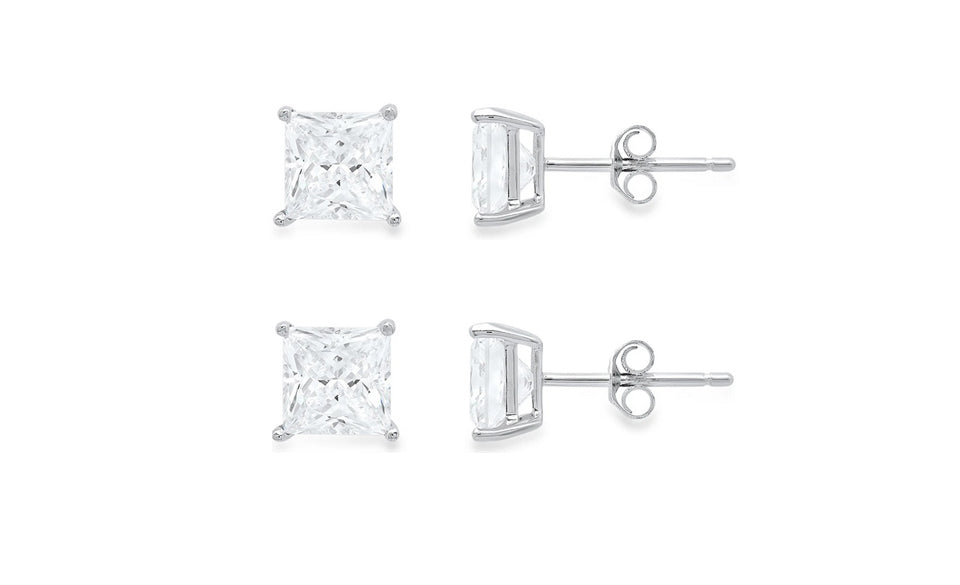 18k White Gold Plated Created White Sapphire 4Ct Princess Cut Set Of Two Stud Earrings