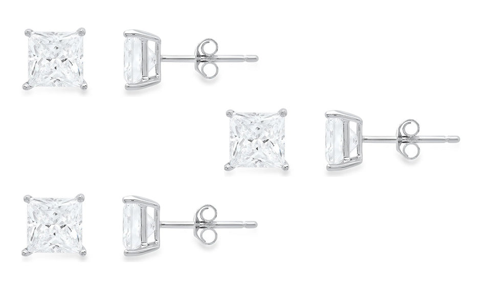 18k White Gold Plated Created White Sapphire 1/2Ct Princess Cut Set Of Three Stud Earrings