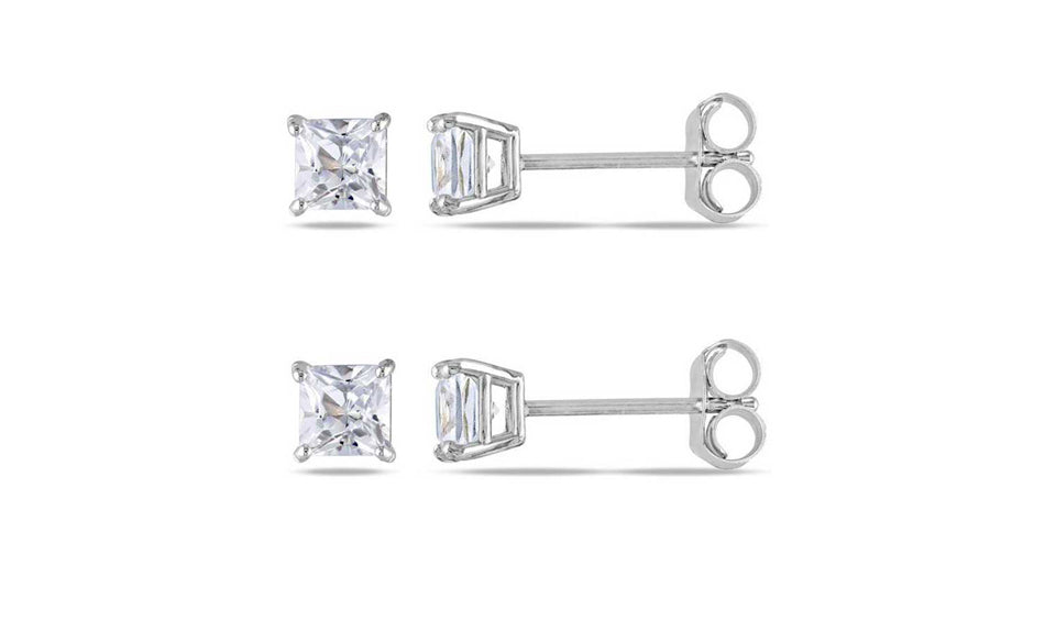 10k White Gold Plated Created White Sapphire 1/2Ct Square Cut Set of Two Stud Earrings