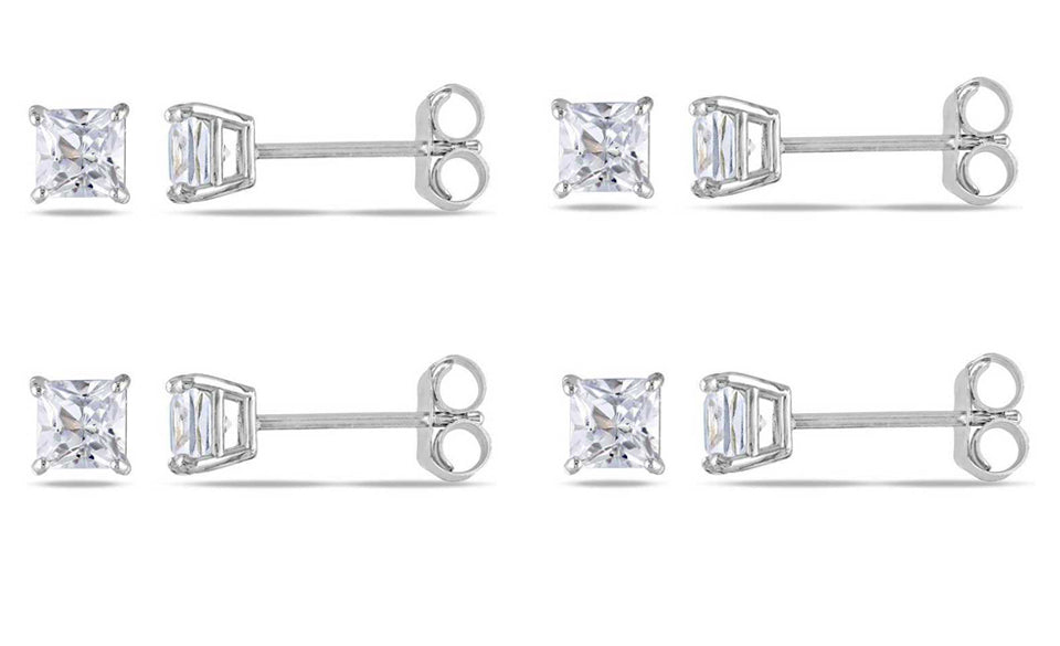 18k White Gold Plated Created White Sapphire 4Ct Square Cut Set of Four Stud Earrings