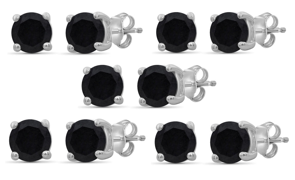 18k White Gold Plated Created Black Sapphire 2Ct Round Set of Five Stud Earrings