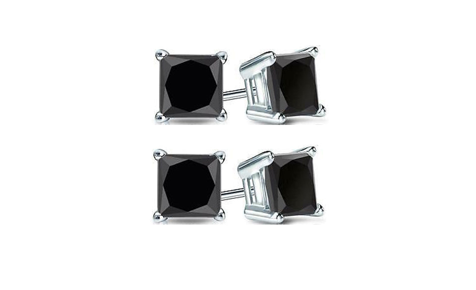 10k White Gold Plated Created Black Sapphire 3Ct Princess Cut Pack of Two Stud Earrings