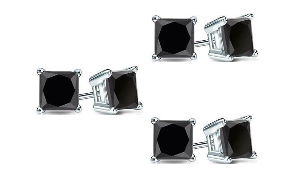 18k White Gold Plated Created Black Sapphire 4Ct Princess Cut Pack of Three Stud Earrings