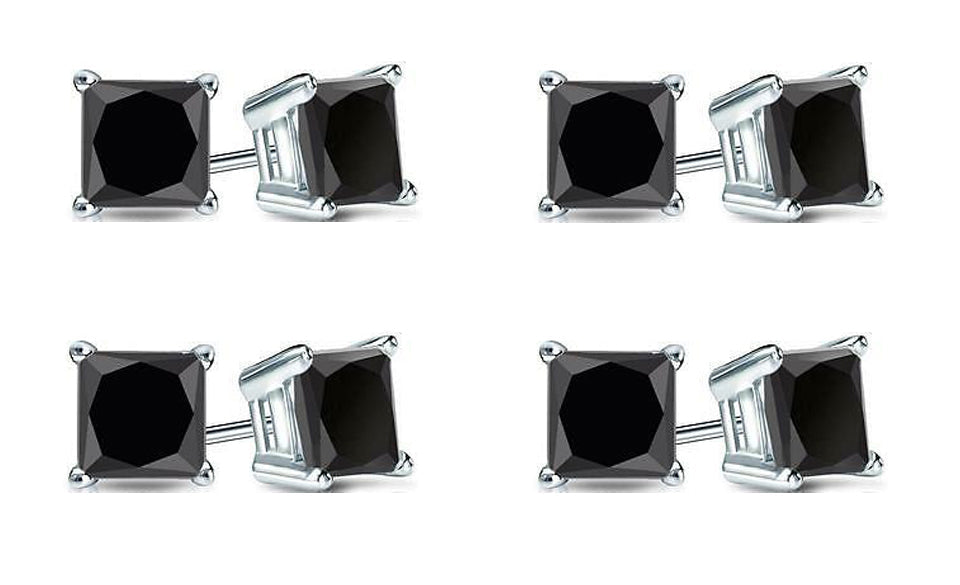 10k White Gold Plated Created Black Sapphire 3Ct Princess Cut Pack of Four Stud Earrings