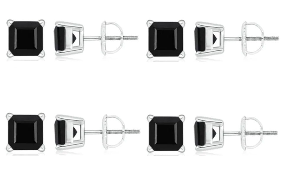 18k White Gold Plated Created Black Sapphire 1/2Ct Square Cut Pack of Four Stud Earrings