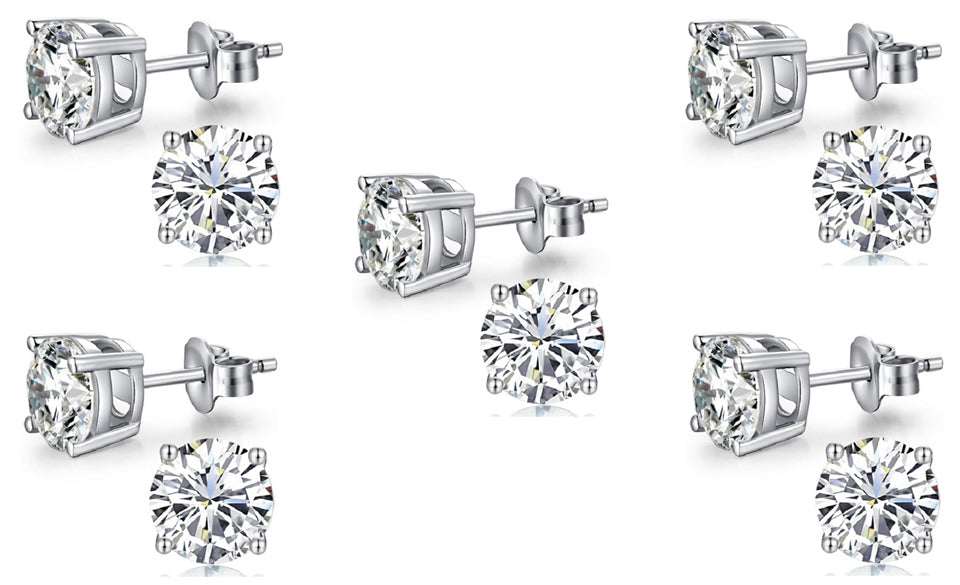 18k White Gold Plated Created White Sapphire 3Ct Round Pack of Five Stud Earrings