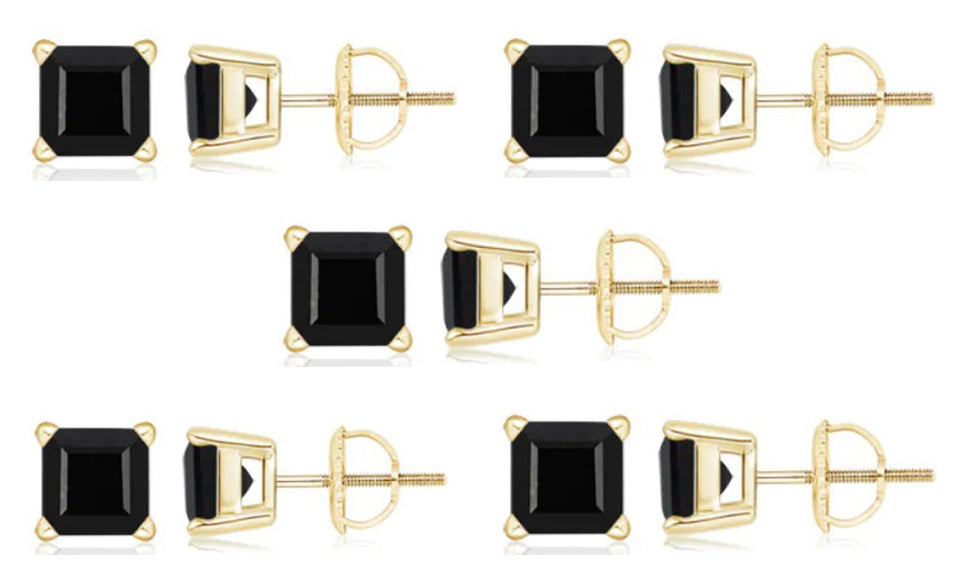18k Yellow Gold Plated Created Black Sapphire 1/2Carat Square Cut Pack of Five Stud Earrings