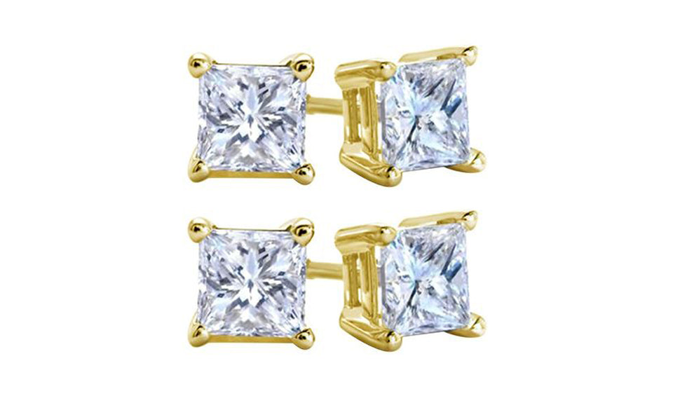10k Yellow Gold Plated Created White Sapphire 4 Carat Square Cut Pack of Two Stud Earrings