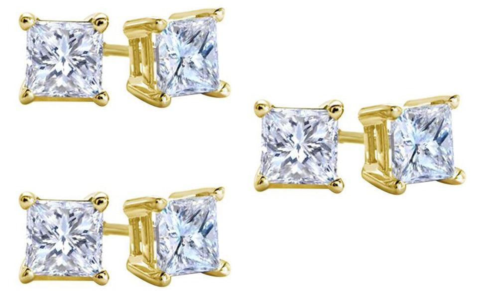 18k Yellow Gold Plated Created White Sapphire 4 Carat Square Cut Pack of Three Stud Earrings