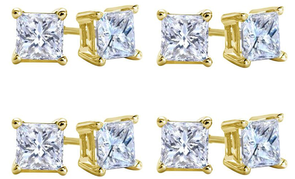 10k Yellow Gold Plated Created White Sapphire 3 Carat Square Cut Pack of Four Stud Earrings