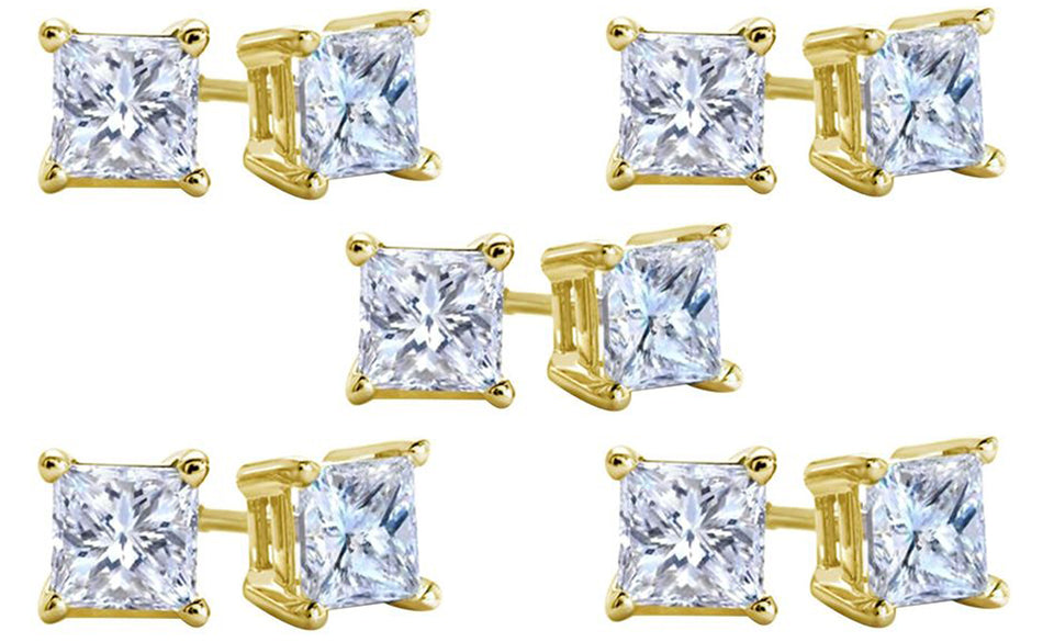 10k Yellow Gold Plated Created White Sapphire 4 Carat Square Cut Pack of Five Stud Earrings