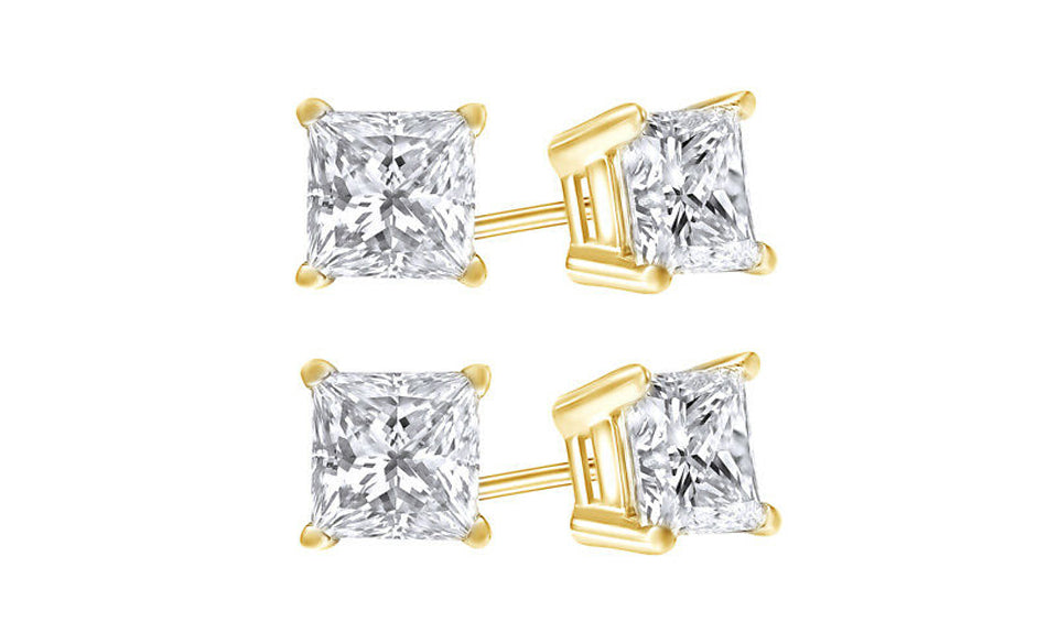 10k Yellow Gold Plated Created White Sapphire 1 Carat Princess Cut Pack of Two Stud Earrings