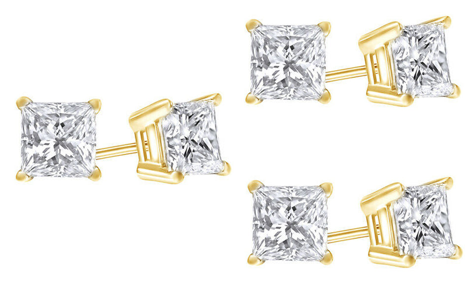 18k Yellow Gold Plated Created White Sapphire 4 Carat Princess Cut Pack of Three Stud Earrings