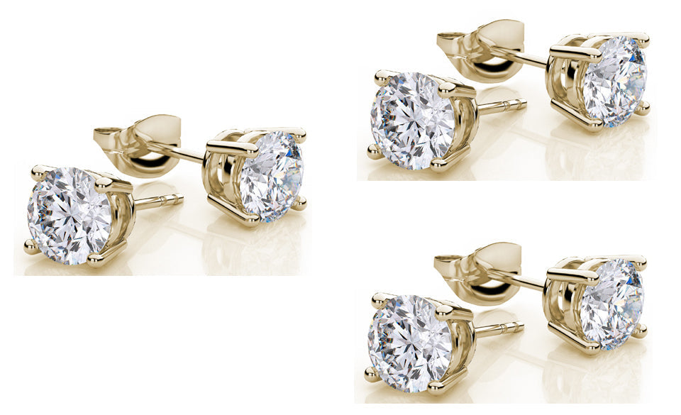 18k Yellow Gold Plated Created White Sapphire 2 Carat Round Pack of Three Stud Earrings
