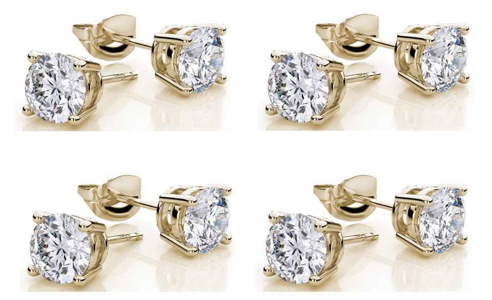 10k Yellow Gold Plated Created White Sapphire 3 Carat Round Pack of Four Stud Earrings