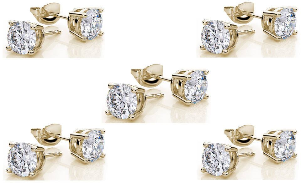 10k Yellow Gold Plated Created White Sapphire 4 Carat Round Pack of Five Stud Earrings