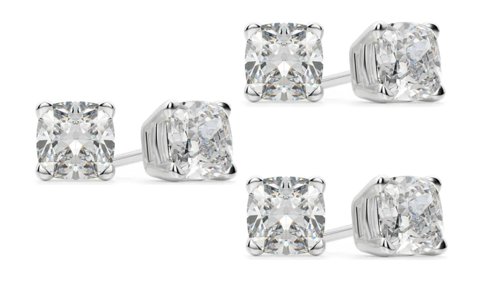 14k White Gold 4mm 4Ct Cushion Cut White Sapphire Set Of Three Stud Earrings Plated